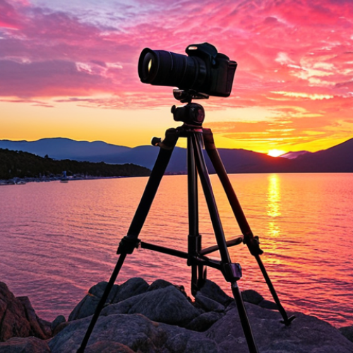 **Prompt for Sunrise/Sunset Photography:**
   "Capture a breathtaking sunrise or sunset at a scenic location, showcasing vibrant colors in the sky. Include a tripod setup with a camera in the foreground, emphasizing the calm atmosphere before the light changes."