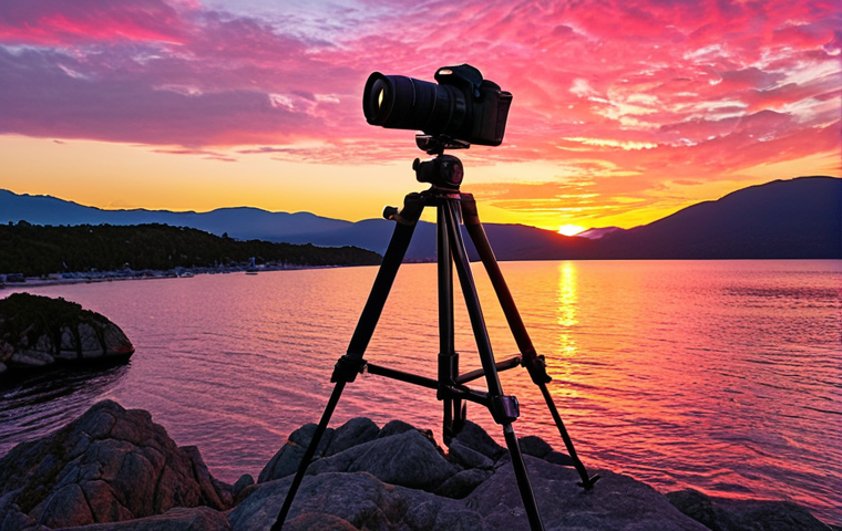 **Prompt for Sunrise/Sunset Photography:**
   "Capture a breathtaking sunrise or sunset at a scenic location, showcasing vibrant colors in the sky. Include a tripod setup with a camera in the foreground, emphasizing the calm atmosphere before the light changes."